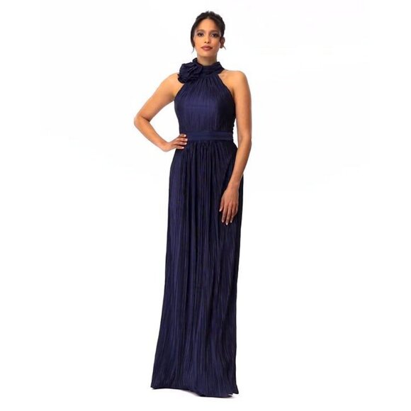Betsy & Adam Navy Blue Pleated Halter Gown With Floral Neck Detail Size 6 - Picture 1 of 8